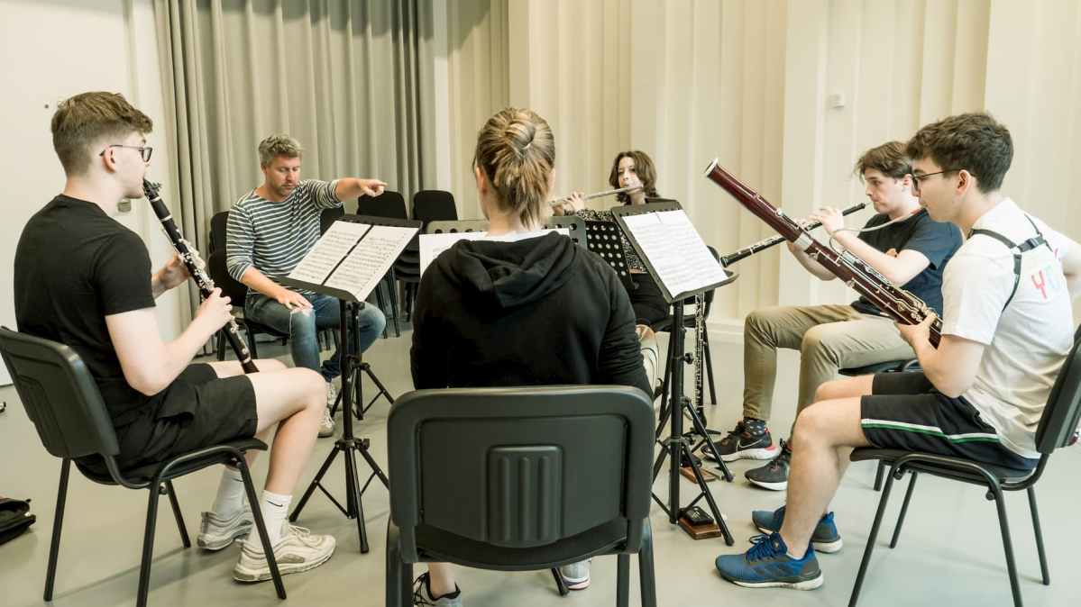 Royal Concertgebouw Orchestra clarinetist Arno Piters leads a wind rehearsal during the 2022 edition of Concertgebouworkest Young