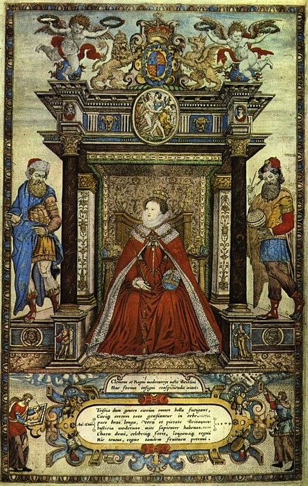 Photo Elizabeth I of England, frontispiece to Christopher Saxton’s Atlas of England and Wales (Public Domain), via Wikimedia Commons