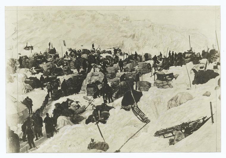 Prospectors on the Summit of the Chilkoot Pass during the Klondike Gold Rush · Photo NYPL