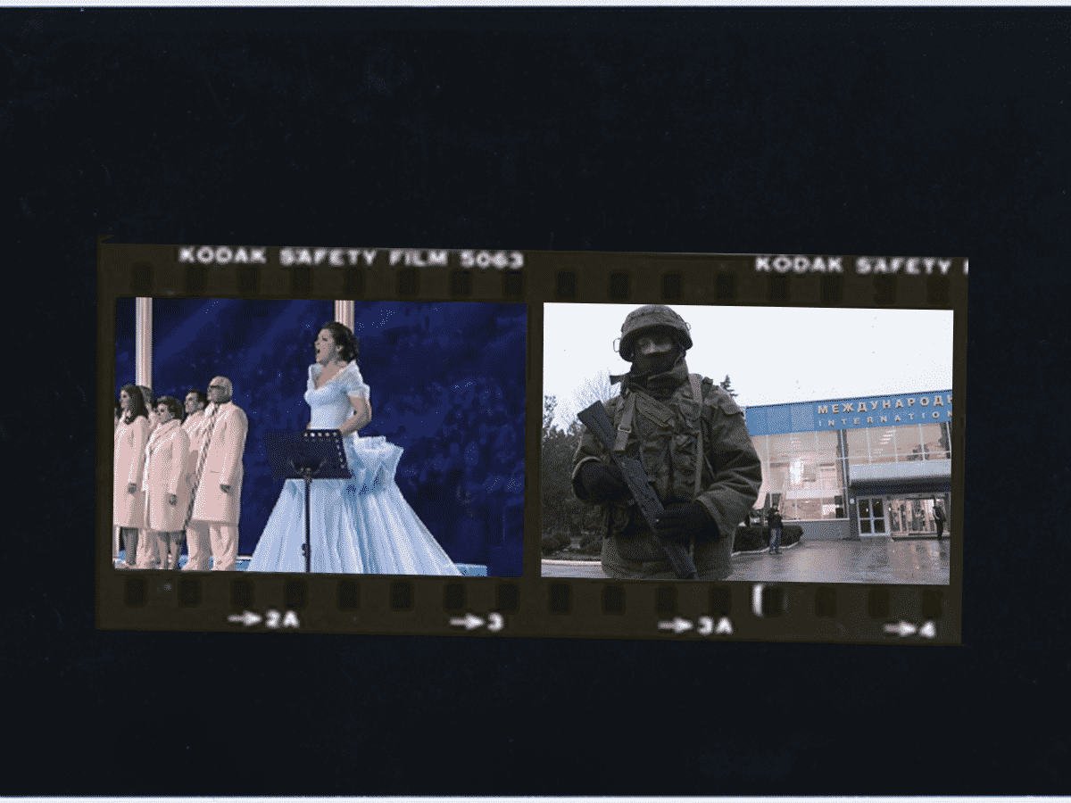 Anna Netrebko sings at the 2014 Sochi Olympics and a Russian soldier invades Crimea, also in 2014